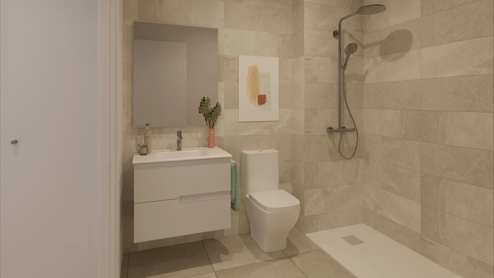 A stylish and contemporary bathroom featuring high-quality fittings and a walk-in shower for a spa-like experience.