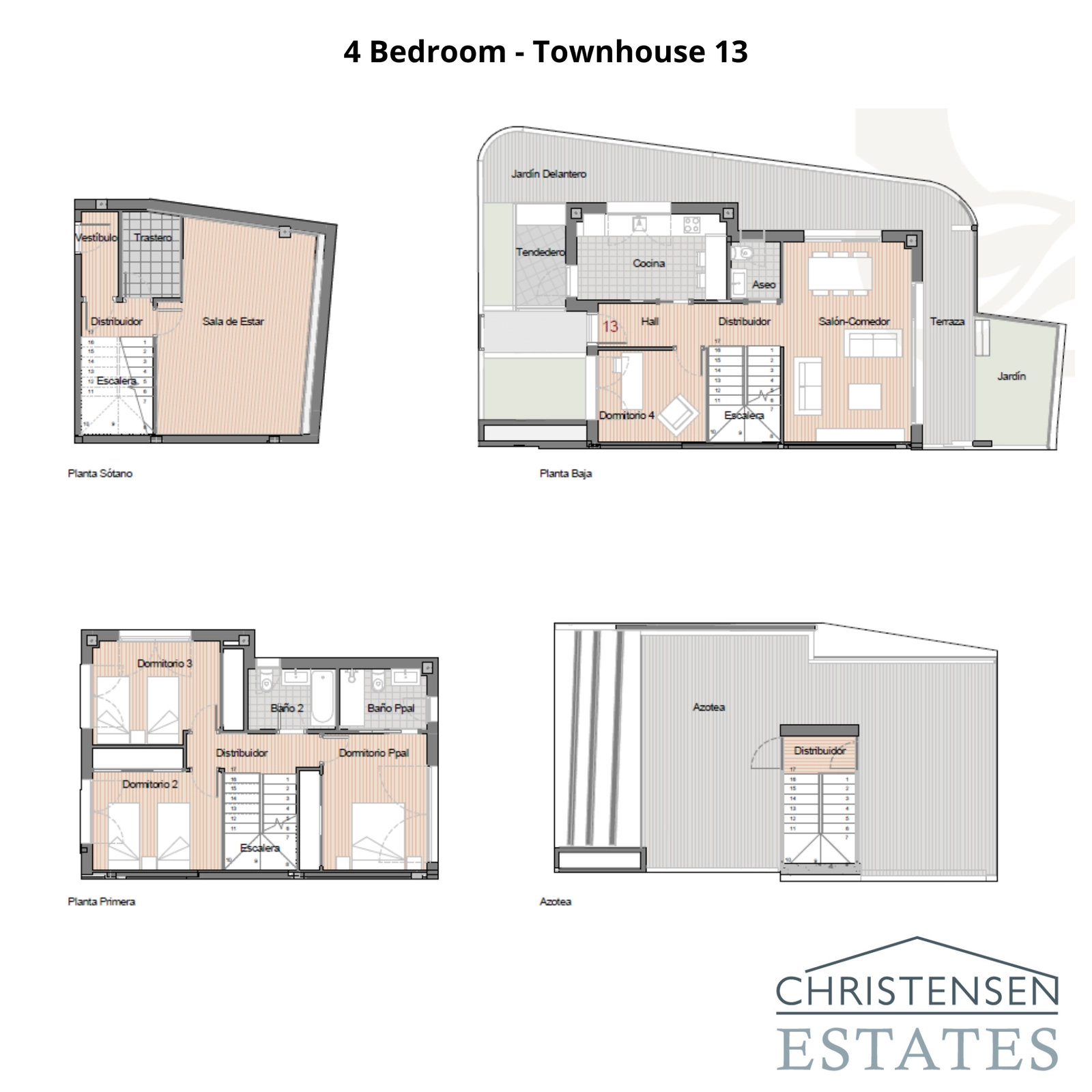 The floor plan for a 4-bedroom townhouse, showcasing an intelligent design with generous living areas, private outdoor space, and a large roof terrace.