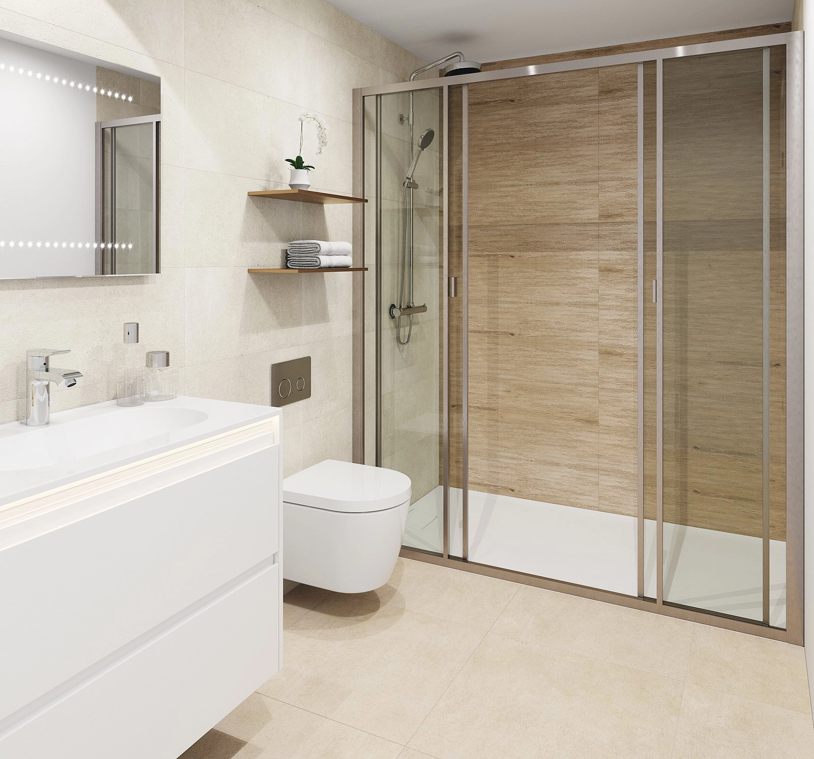 The principal bathroom features contemporary design, a spacious walk-in shower, and high-quality finishes.