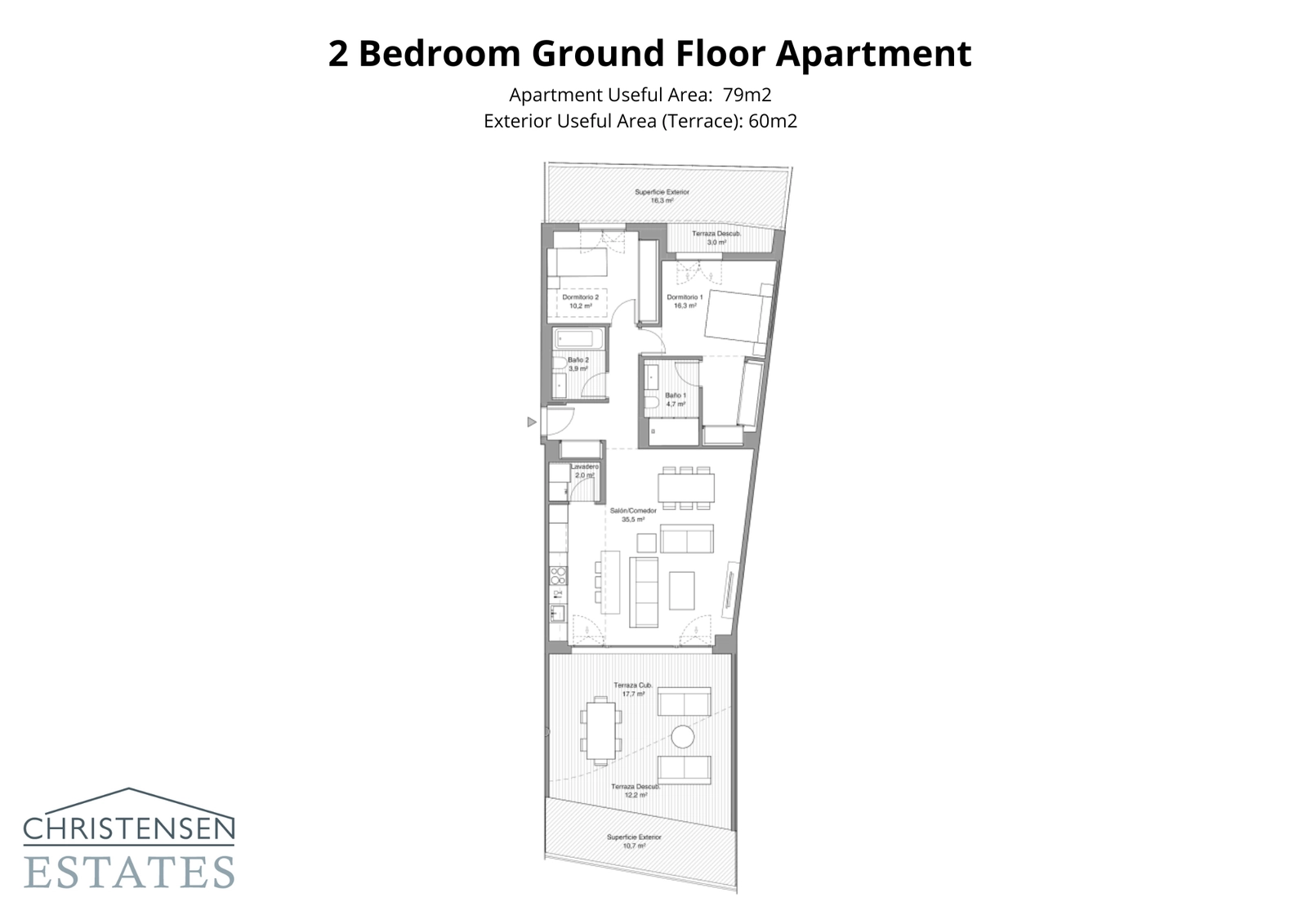 This two-bedroom ground floor home features a smart layout with two separate terraces, extending the living space outdoors.