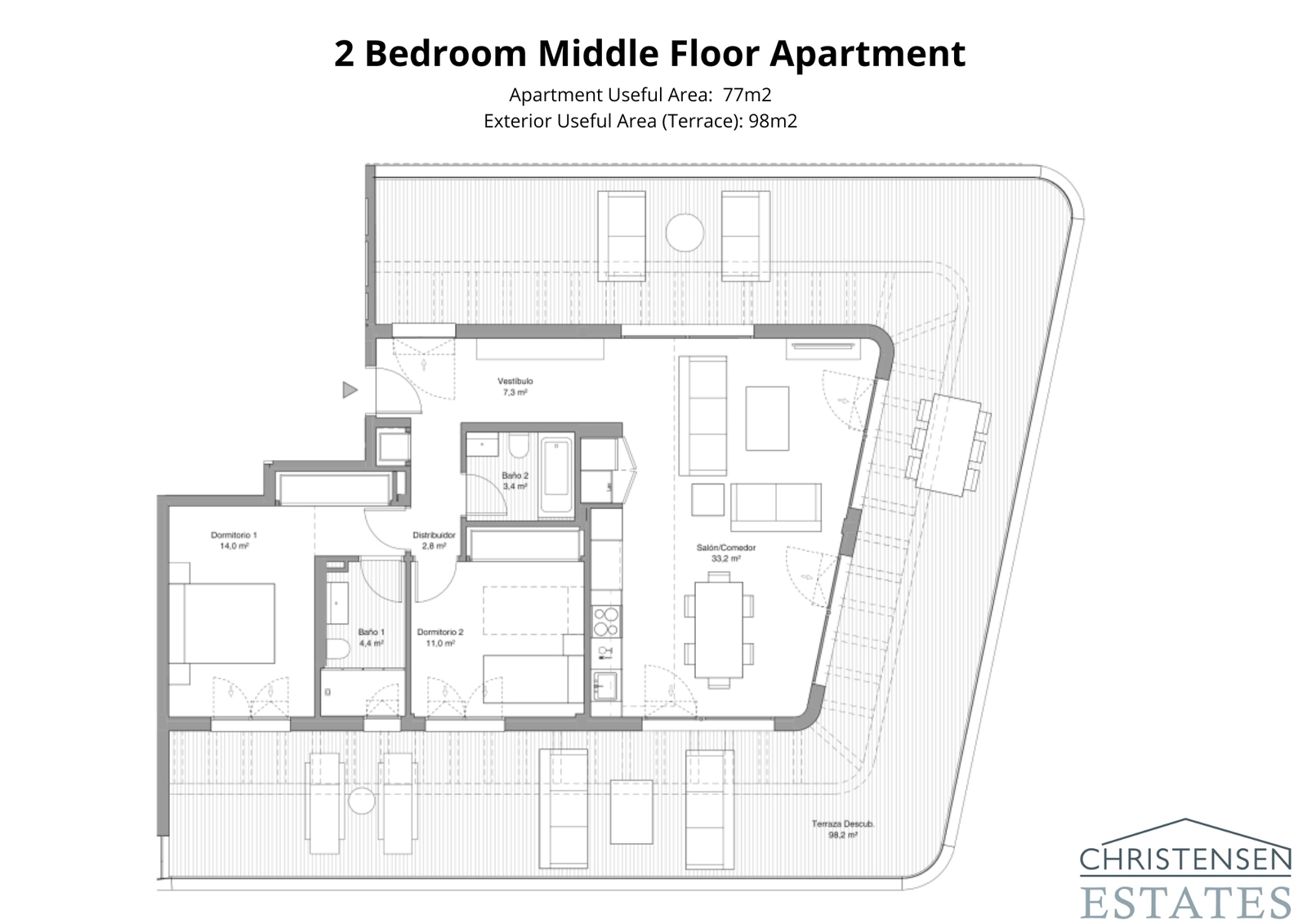 A well-designed two-bedroom apartment layout with a large, wrap-around terrace that provides ample space for sunbathing and dining.