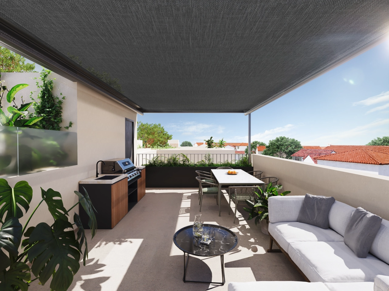 The spacious solarium is perfect for outdoor dining and entertaining guests.