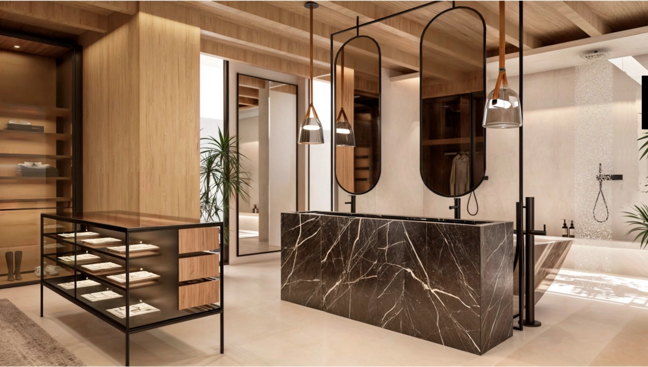 A luxurious bathroom featuring high-quality materials and contemporary design.