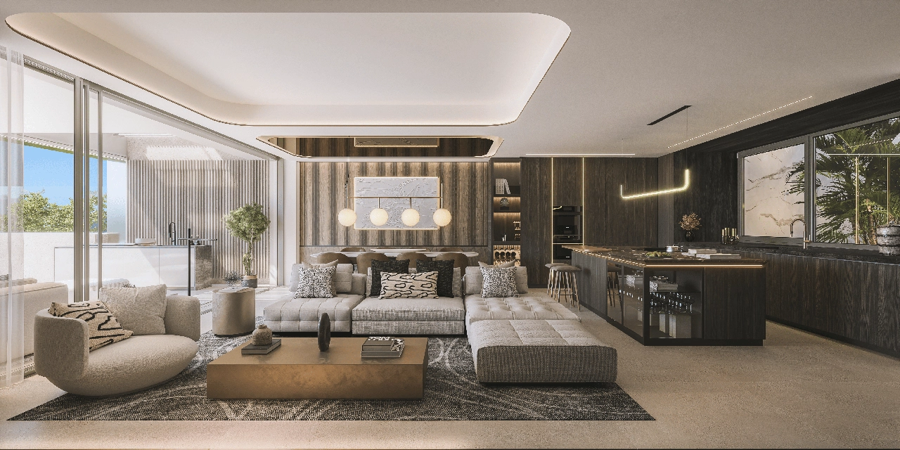 A sophisticated kitchen with premium appliances integrates beautifully with the living and dining spaces.