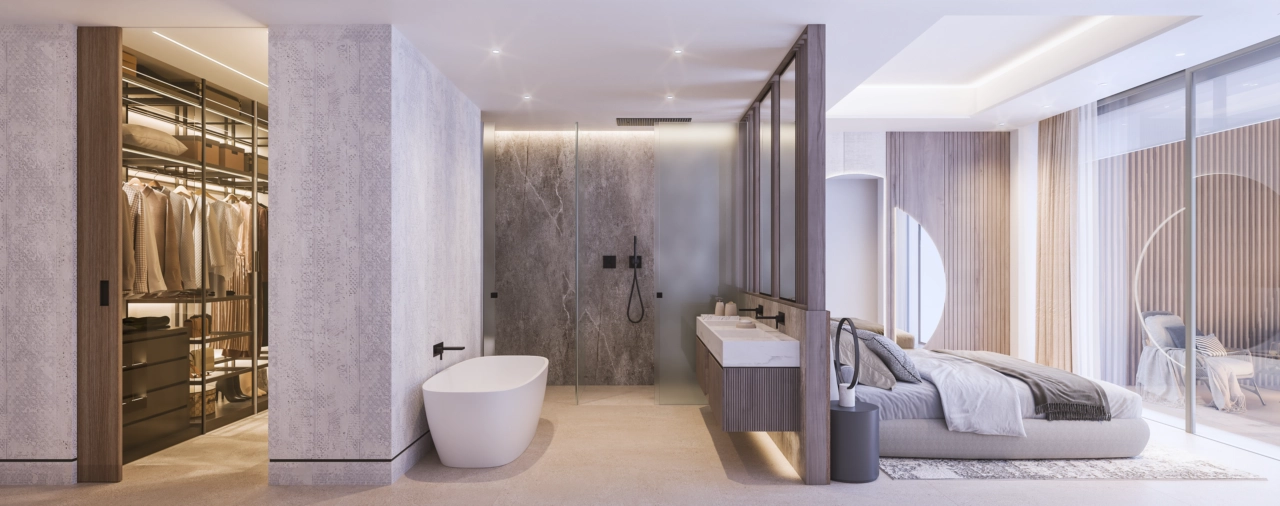 The master suite is a sanctuary of comfort and style, complete with an open-concept bathroom and a walk-in closet.