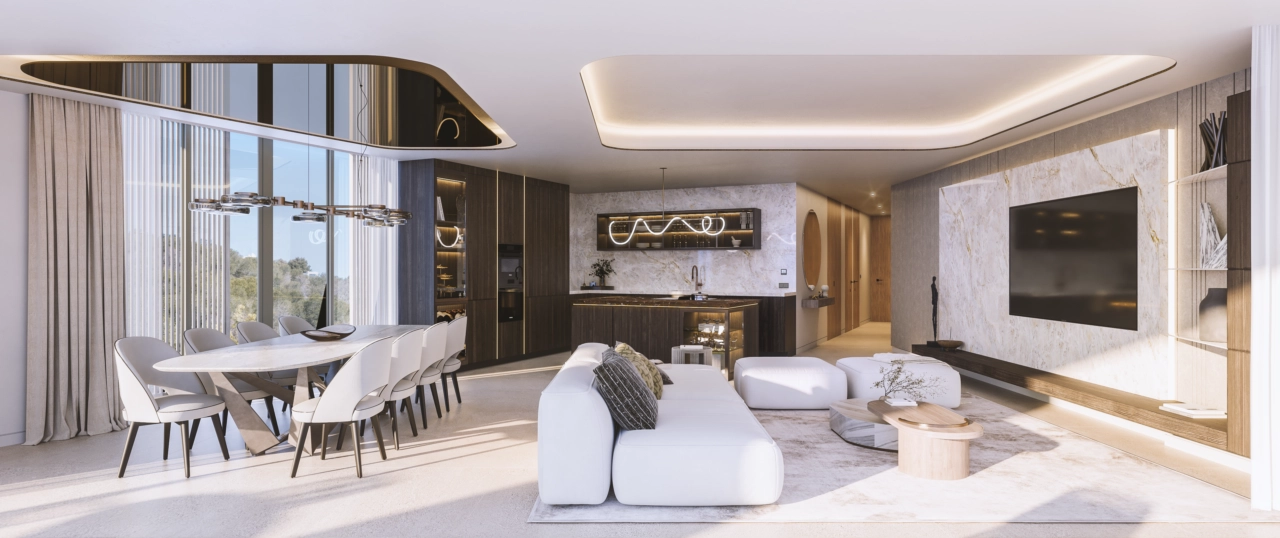 Sunlight fills the elegant dining and living areas, creating a bright and welcoming atmosphere for family and friends.