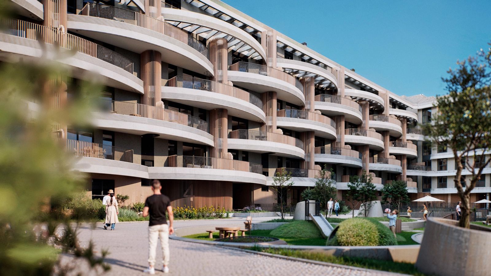 Beautifully landscaped communal gardens and a children's play area, offering a safe and green environment for families.