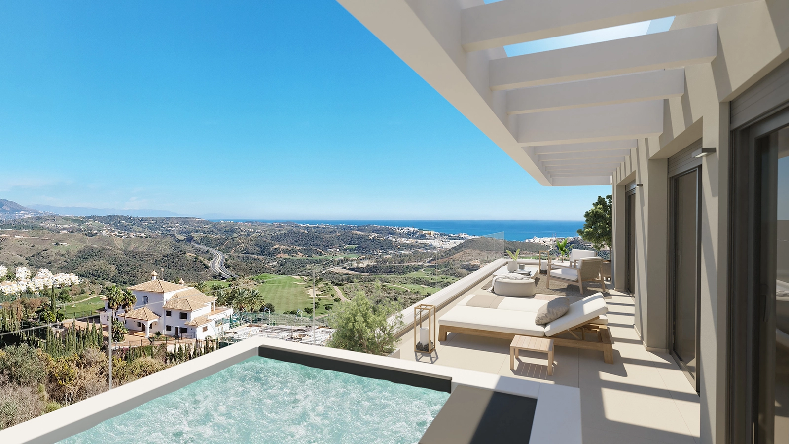 Penthouse terraces offer stunning panoramic views of the Mediterranean Sea.