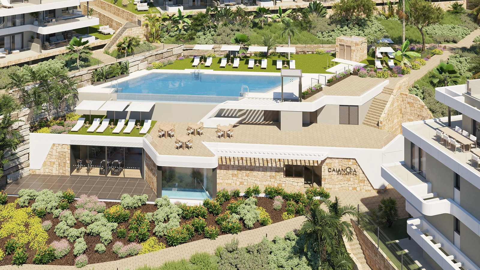An aerial view of the impressive communal areas and pools.