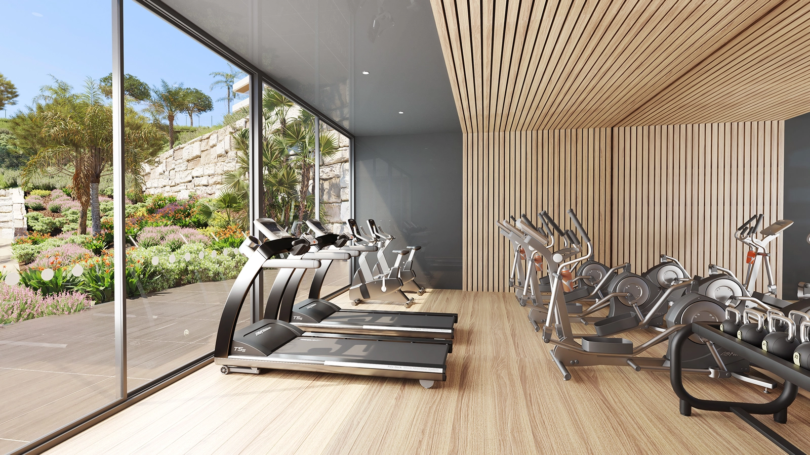 Stay active in the fully equipped gym with views of the gardens.