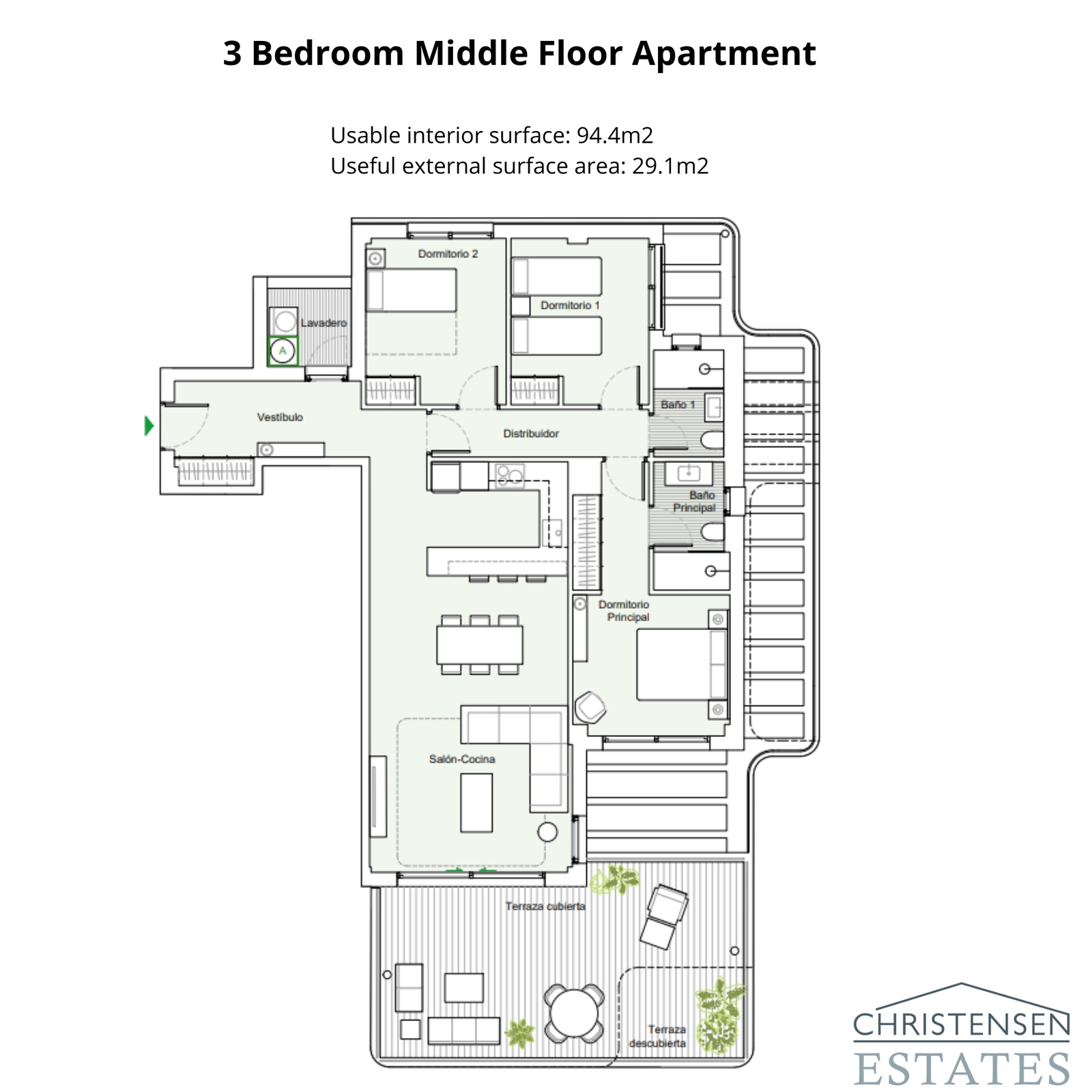 This three-bedroom apartment offers a smart layout with generous indoor and outdoor living spaces.