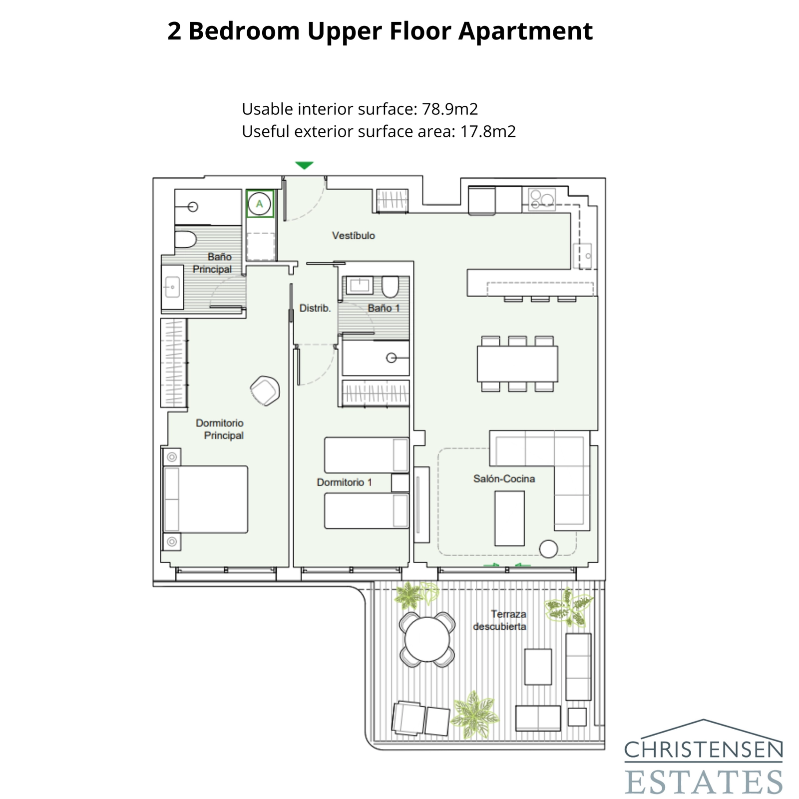 An elegant two-bedroom apartment plan, designed to maximize light and views from its terrace.
