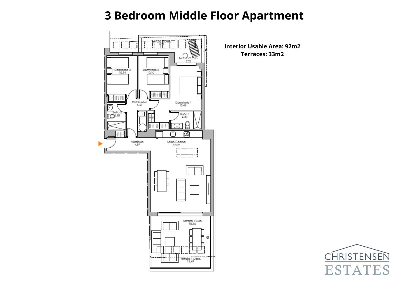 Three-bedroom middle floor apartment – A well-distributed design that maximizes space and natural light, featuring a large terrace for enjoying the views.