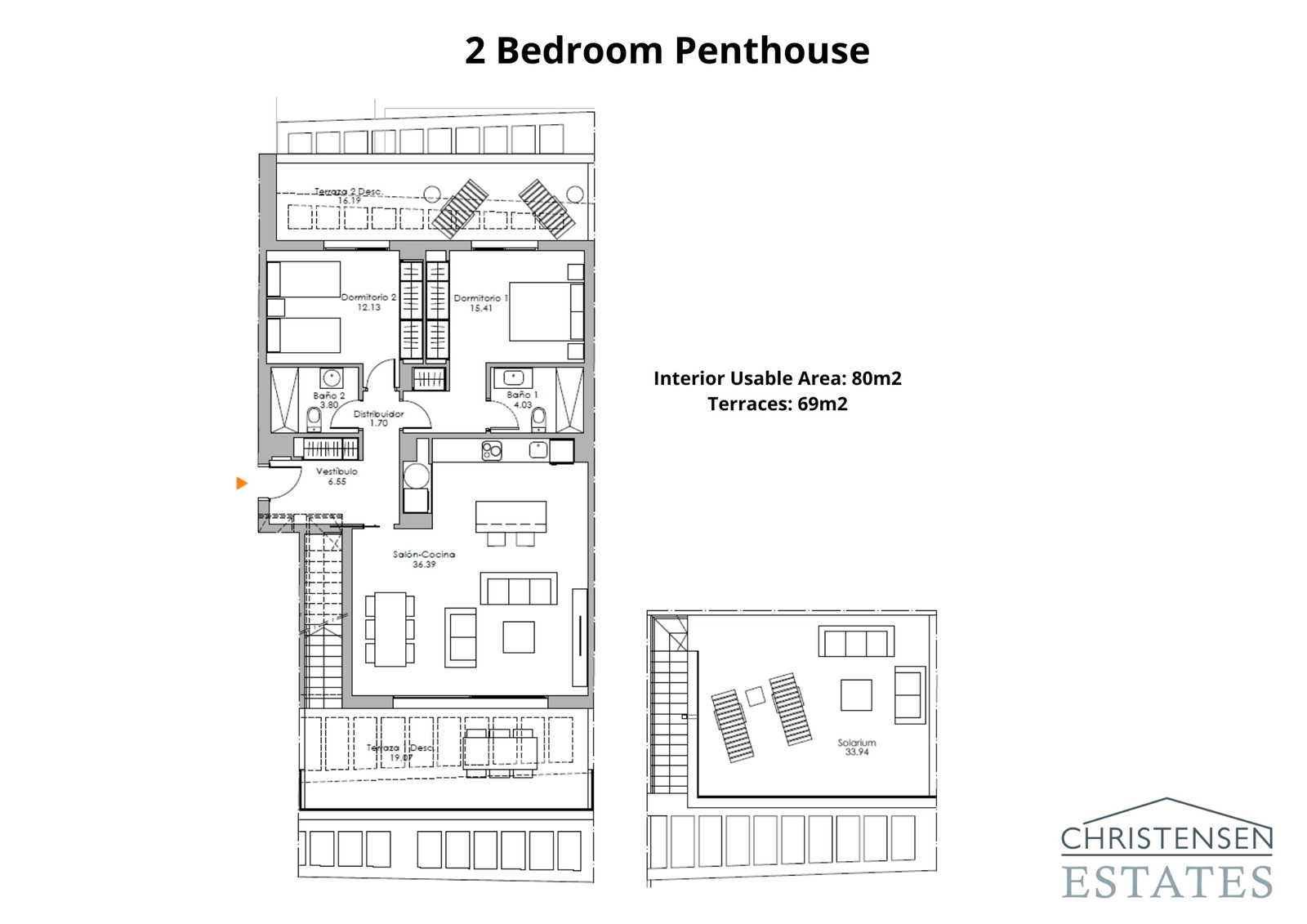Two-bedroom penthouse – The ultimate in luxury living, this layout includes a spectacular rooftop solarium for private sunbathing and entertaining.