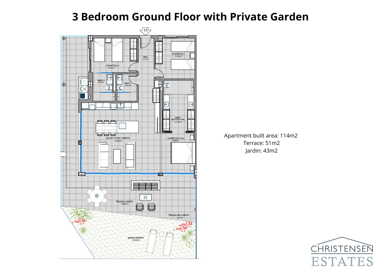 Spacious three-bedroom ground floor layout, flowing seamlessly onto a generous terrace and private garden, perfect for outdoor living.
