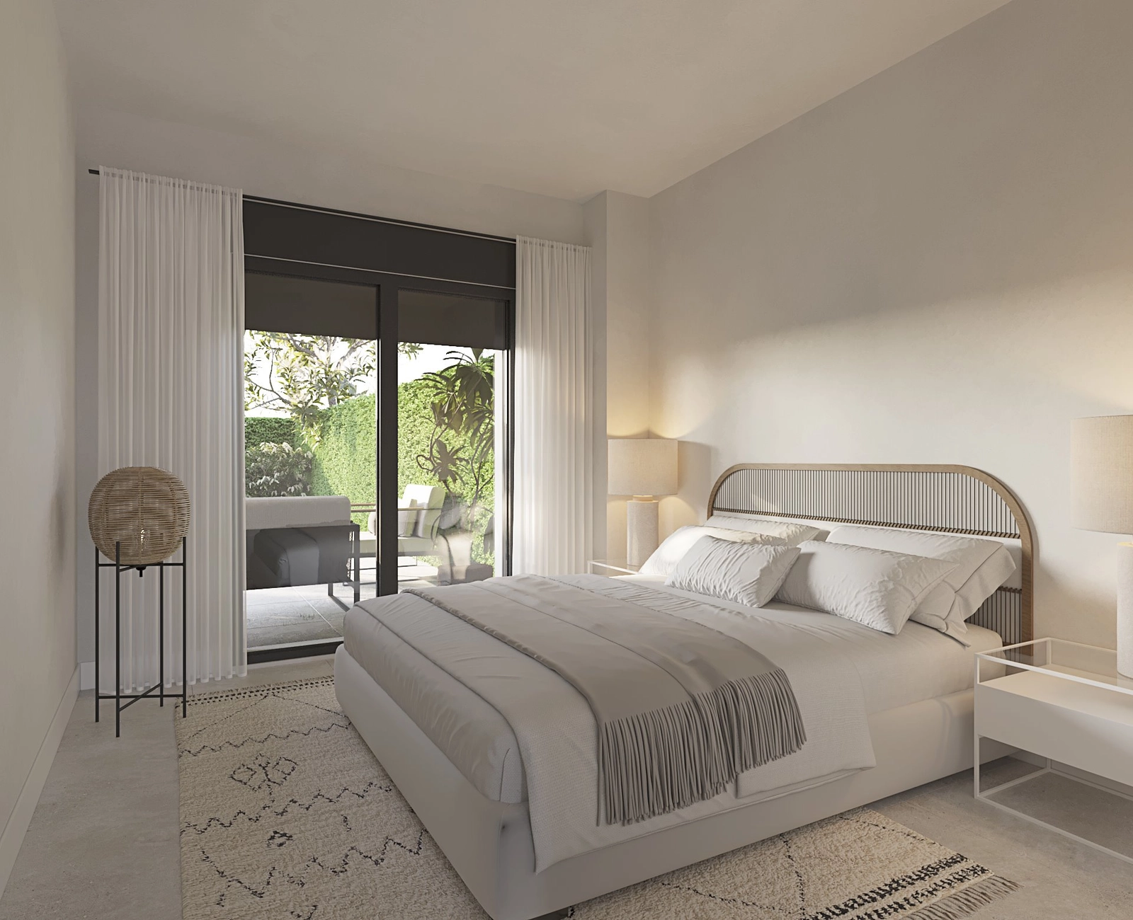 A tranquil master bedroom offering direct access to the garden and outdoor space.