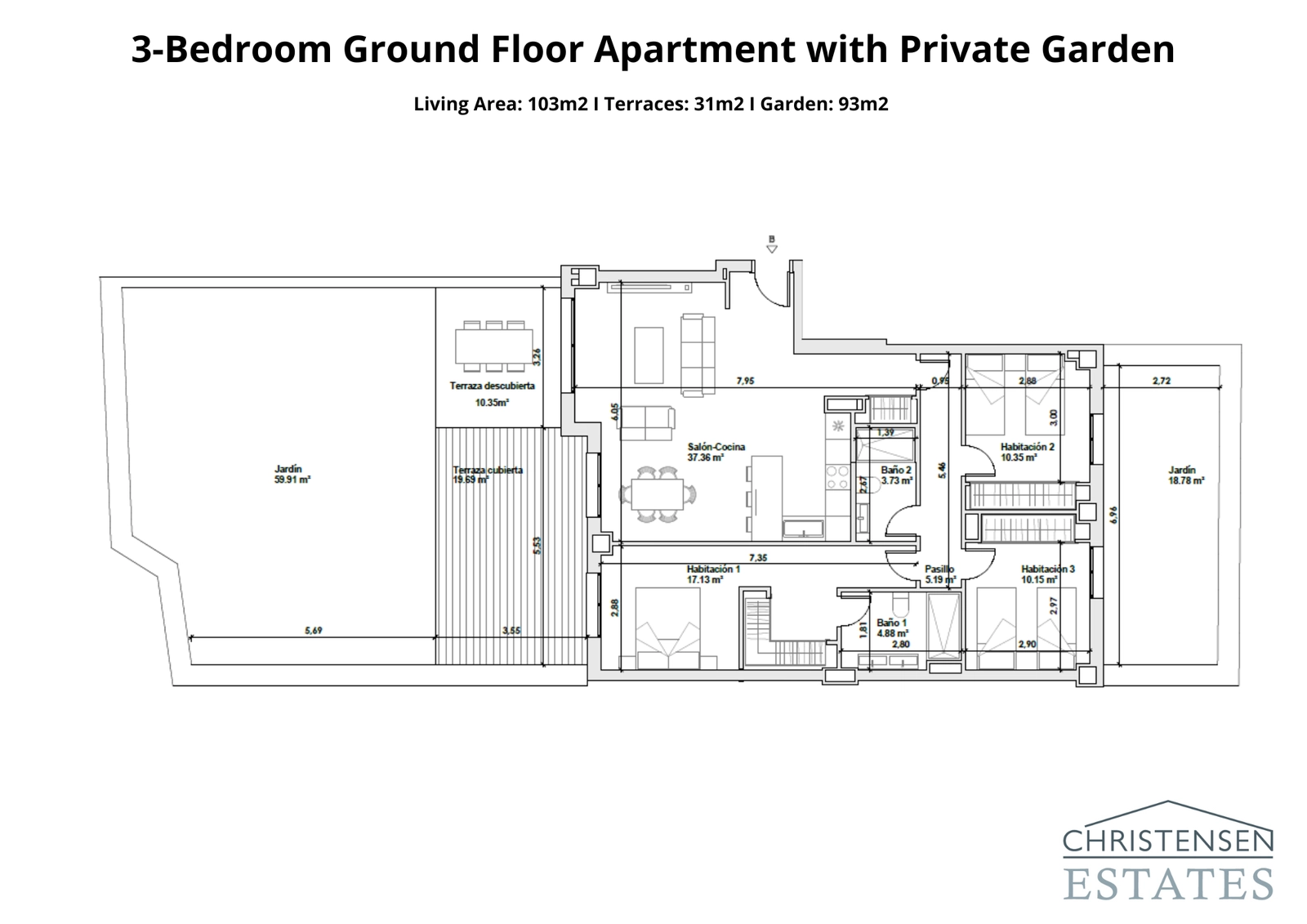 This three-bedroom ground floor layout shows a seamless connection between the spacious interior, covered terrace, and a generous private garden, perfect for an indoor-outdoor lifestyle.