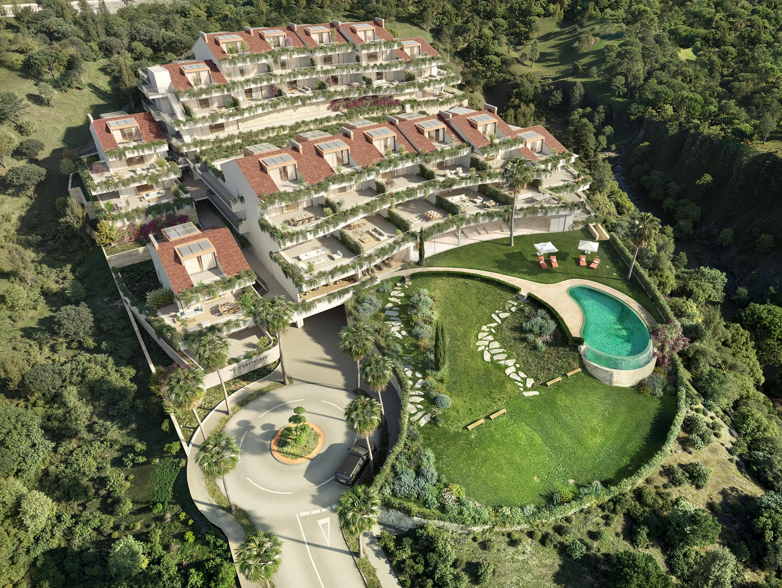 An impressive view of the entire development, highlighting its unique terraced architecture and green surroundings.
