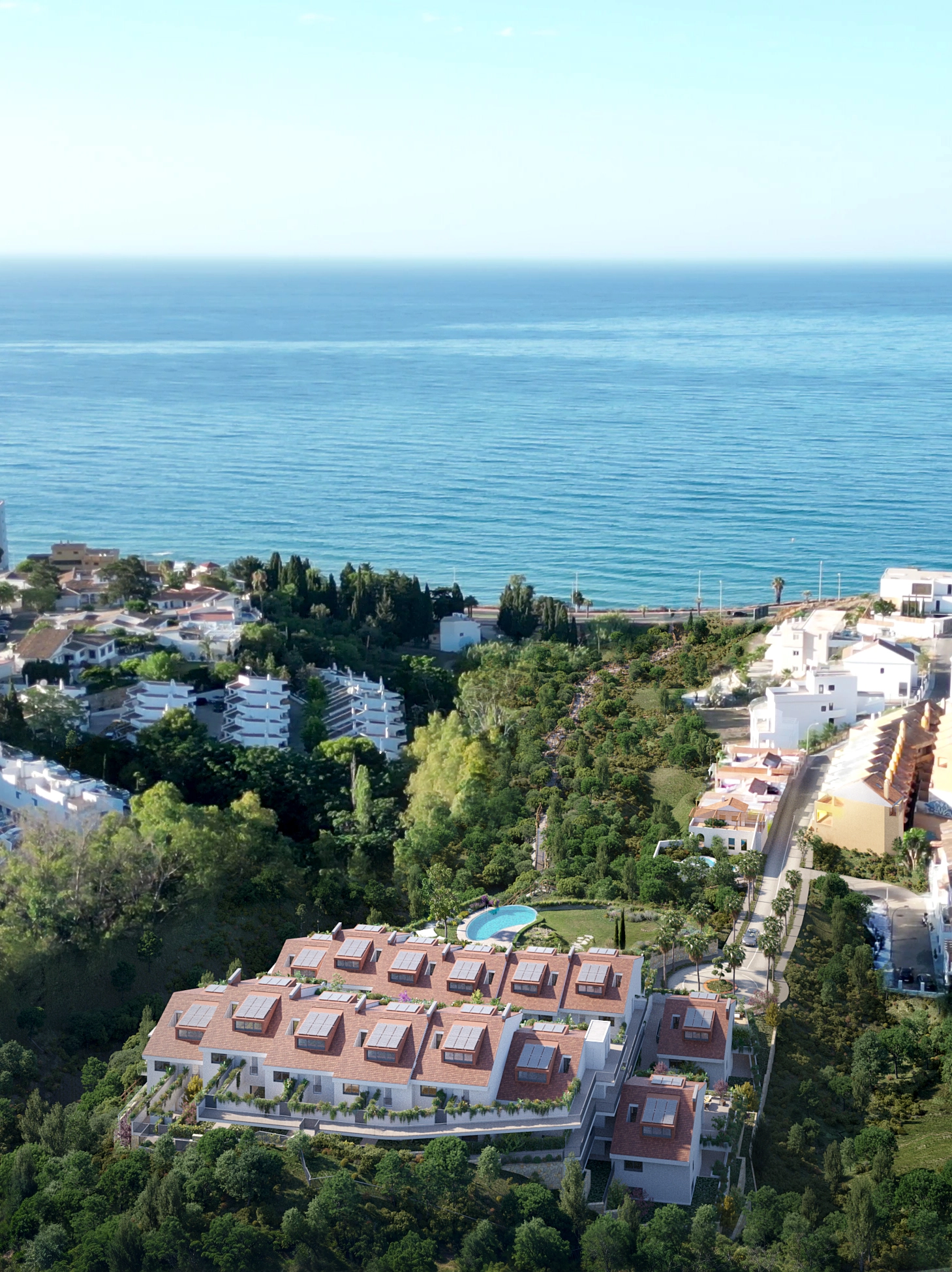 An aerial perspective showcasing the development's privileged location with clear views of the Costa del Sol.