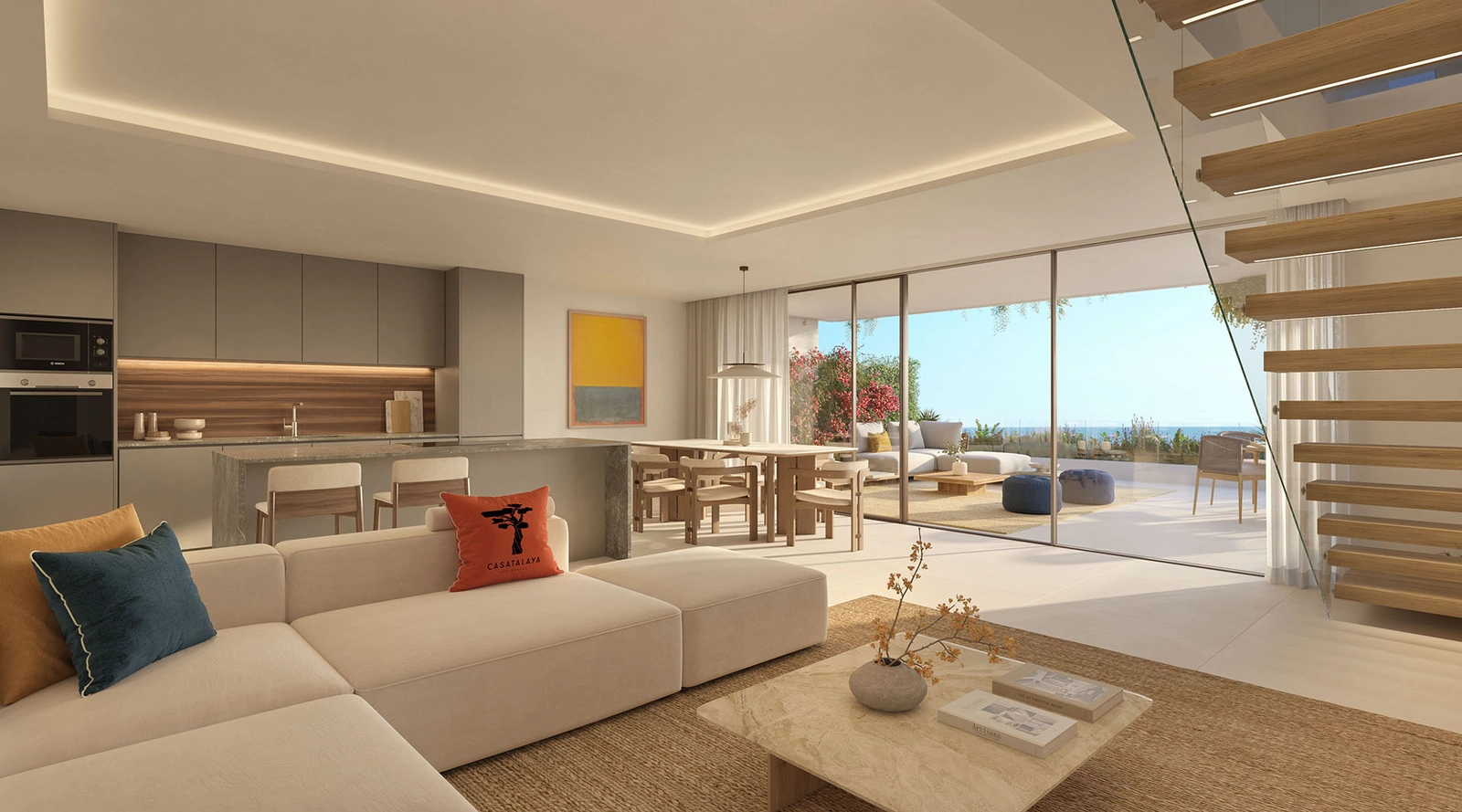 A bright, modern living room and kitchen, perfectly designed for contemporary life on the Costa del Sol.