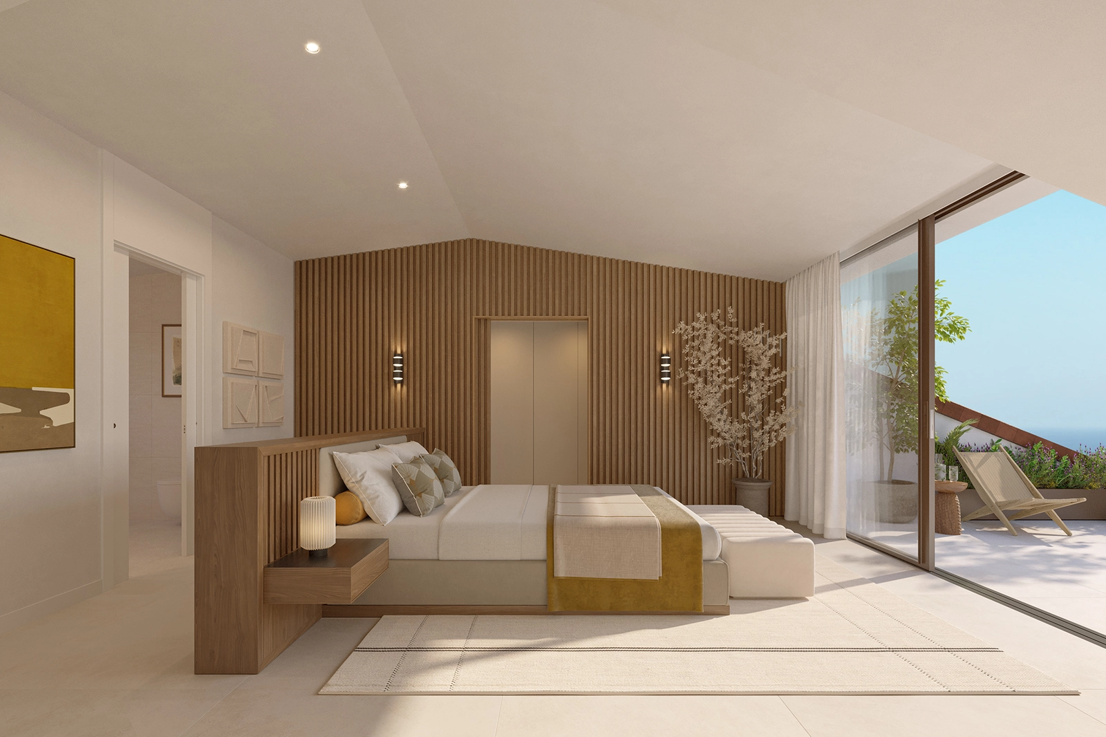 The master bedroom offers a peaceful retreat, with direct access to a private terrace and the sea beyond.