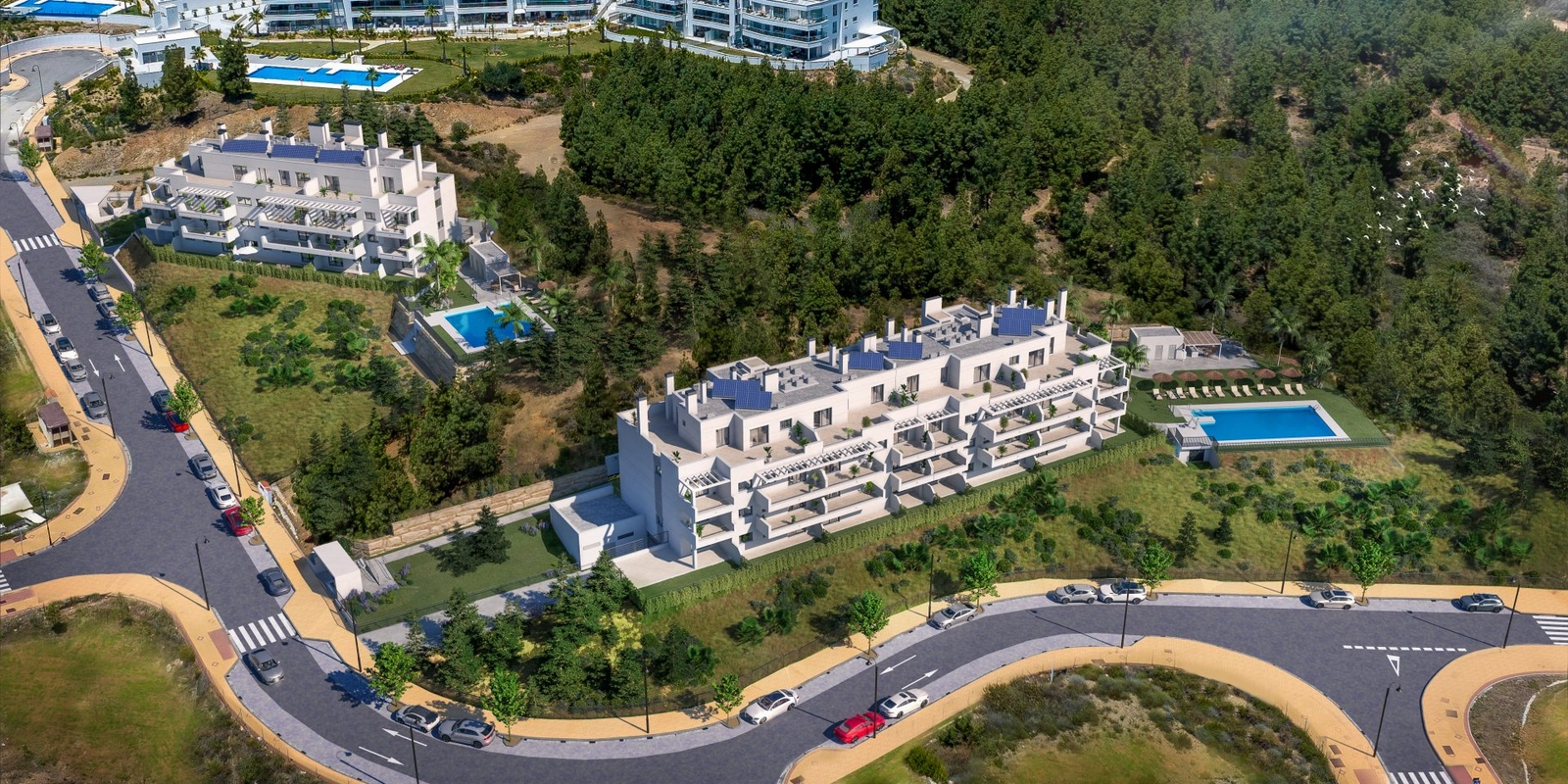 An aerial perspective of this exclusive development, nestled in the green hills of Mijas Costa.