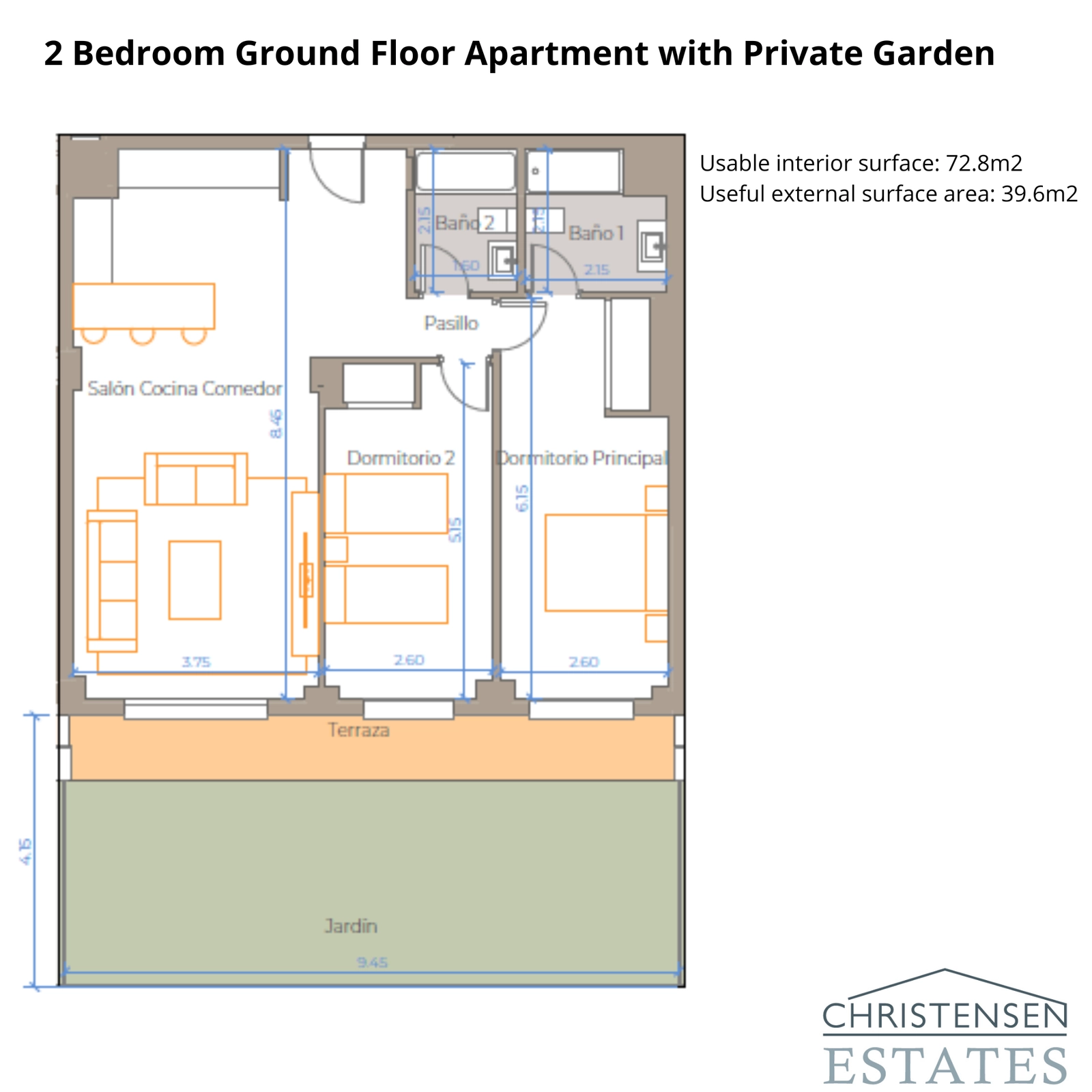 Layout for a two-bedroom ground-floor home, featuring a spacious private garden for perfect indoor-outdoor living.