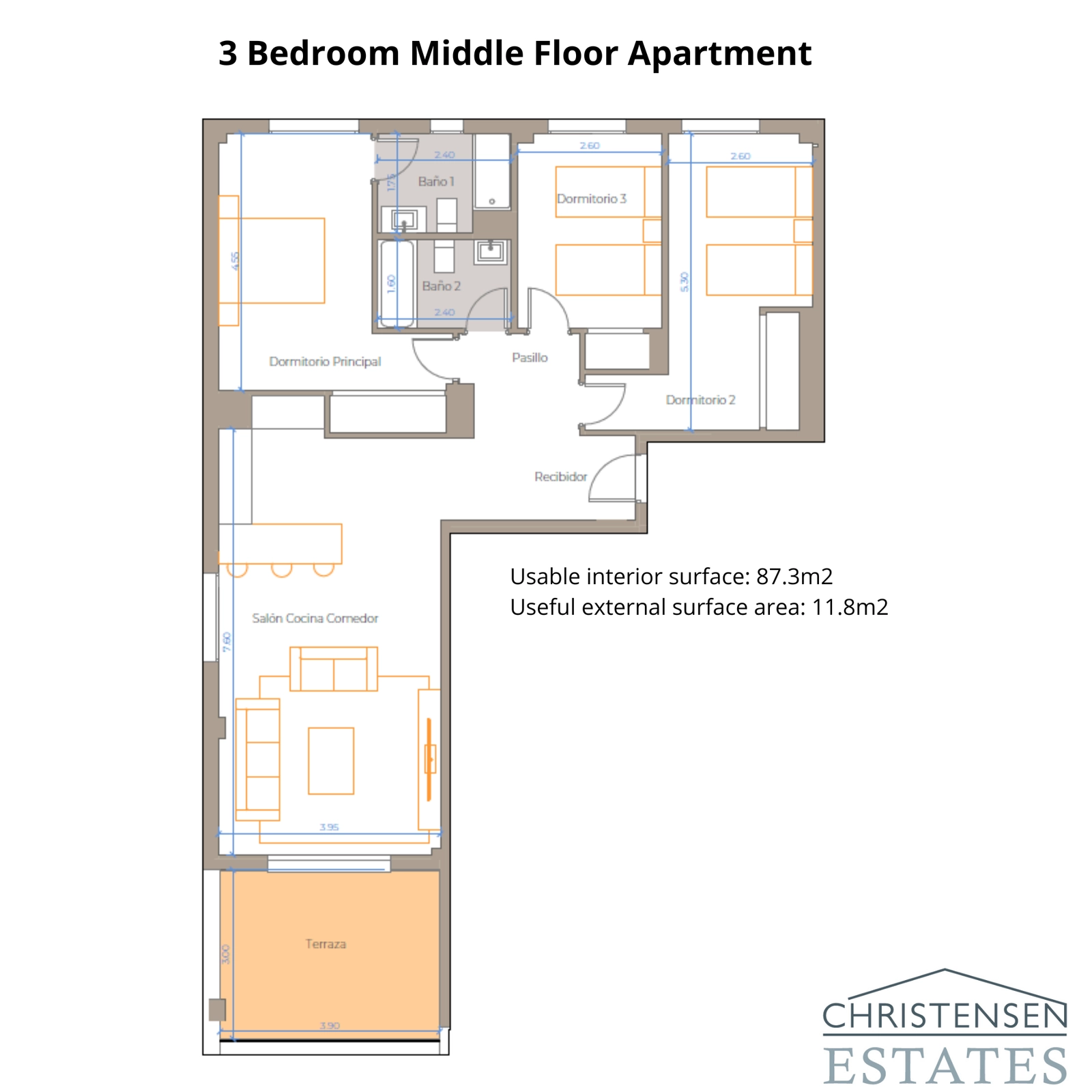 A well-designed three-bedroom apartment layout, optimizing space, light, and access to a private terrace.