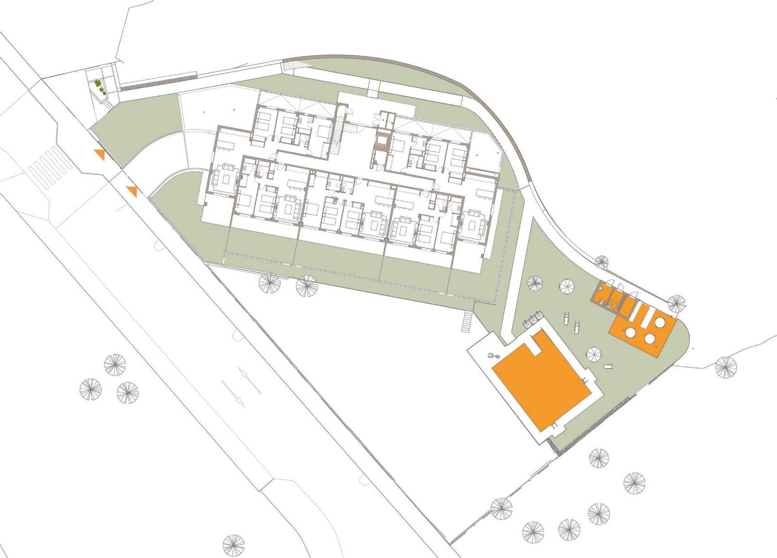 Site plan for Phase 1, illustrating the building's position, communal pool, and landscaped gardens.