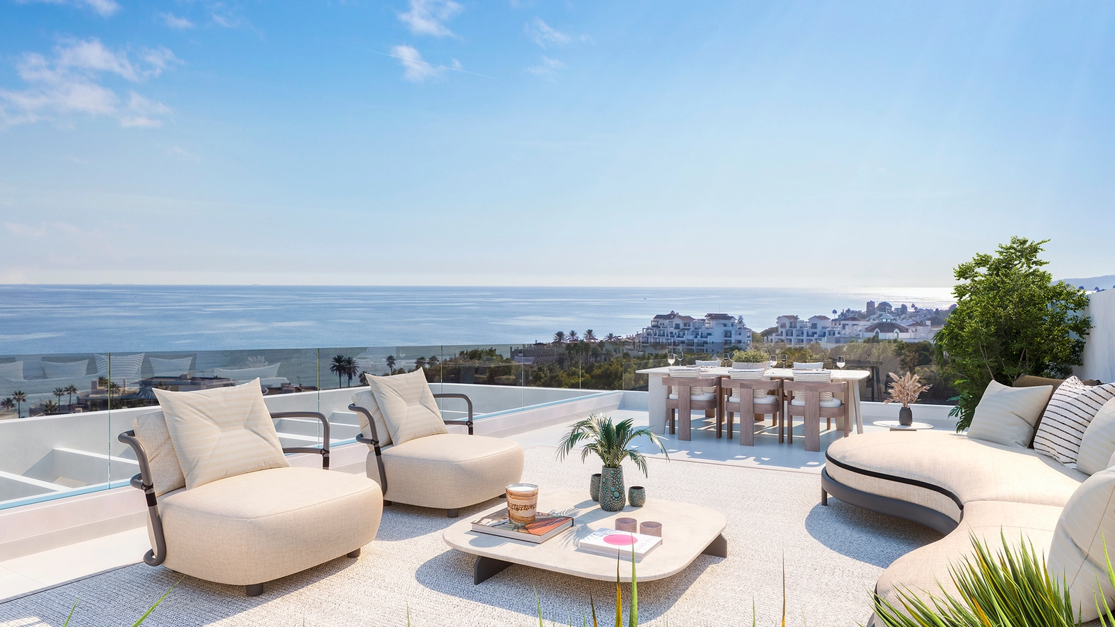 Relax and entertain on your spacious private terrace with panoramic views of the Mediterranean Sea.
