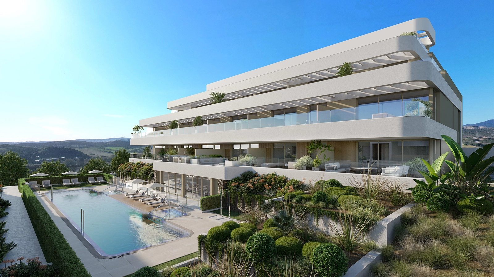The communal swimming pool and landscaped gardens offer a peaceful retreat to enjoy the Costa del Sol sunshine.