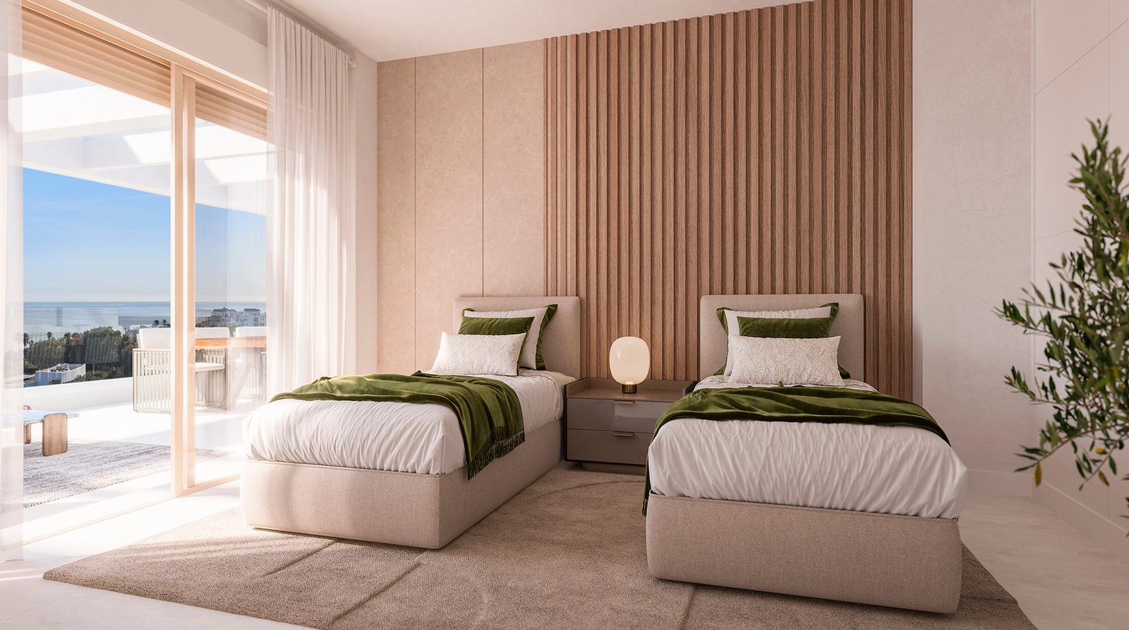 Comfortable and bright guest bedrooms provide direct access to the terrace and its stunning views.