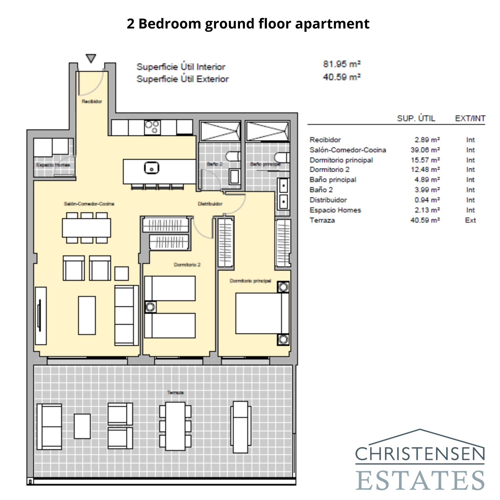 Layout for a two-bedroom ground floor apartment, showing the spacious interior living area connected to a large terrace and garden.