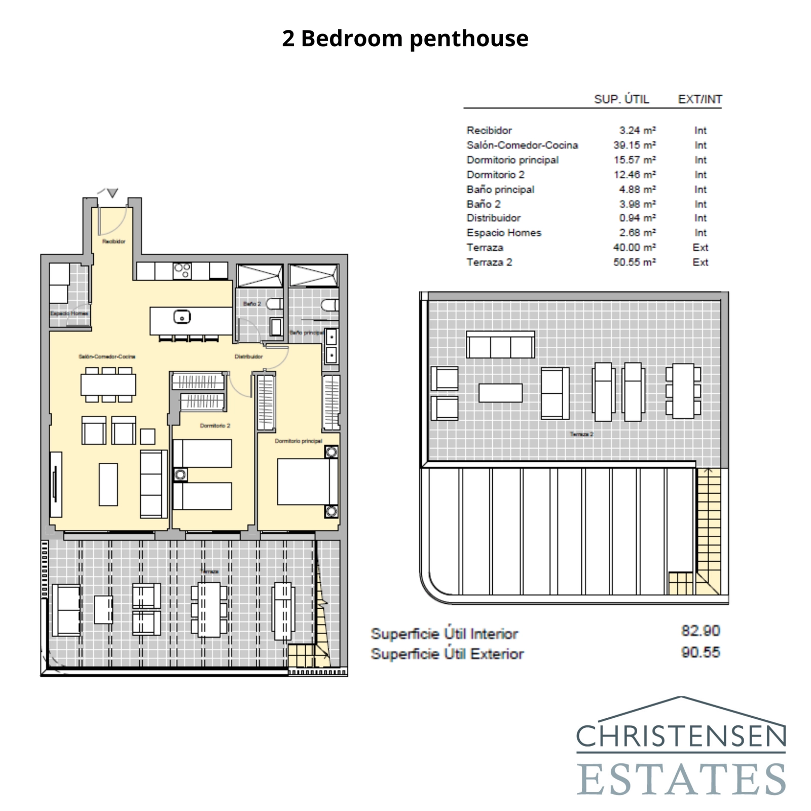 This two-bedroom penthouse plan features an expansive rooftop solarium, perfect for enjoying the sun and views of the Costa del Sol.