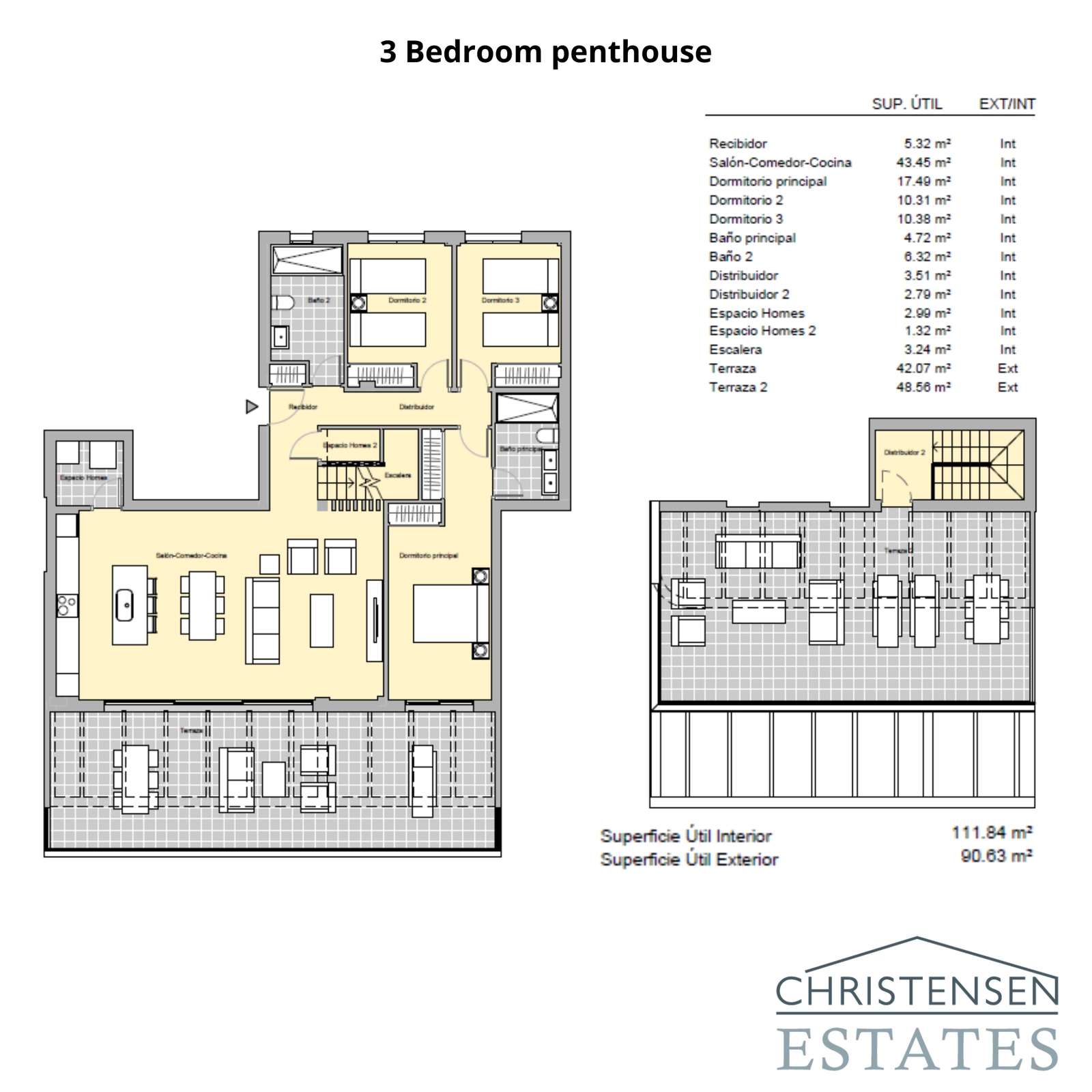 The floor plan for a three-bedroom penthouse, designed for comfort and luxury with generous living spaces and multiple terraces.