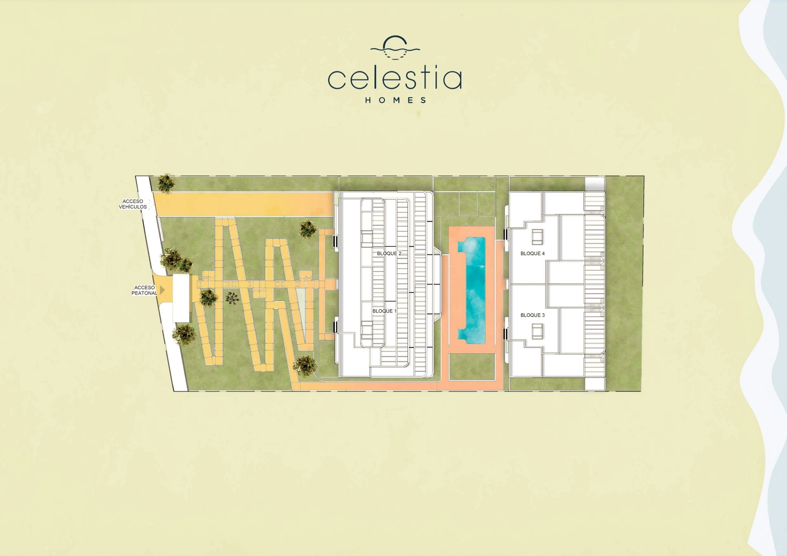 Site plan of the Celestia Homes development, illustrating the layout of the buildings, communal pool, and garden areas.