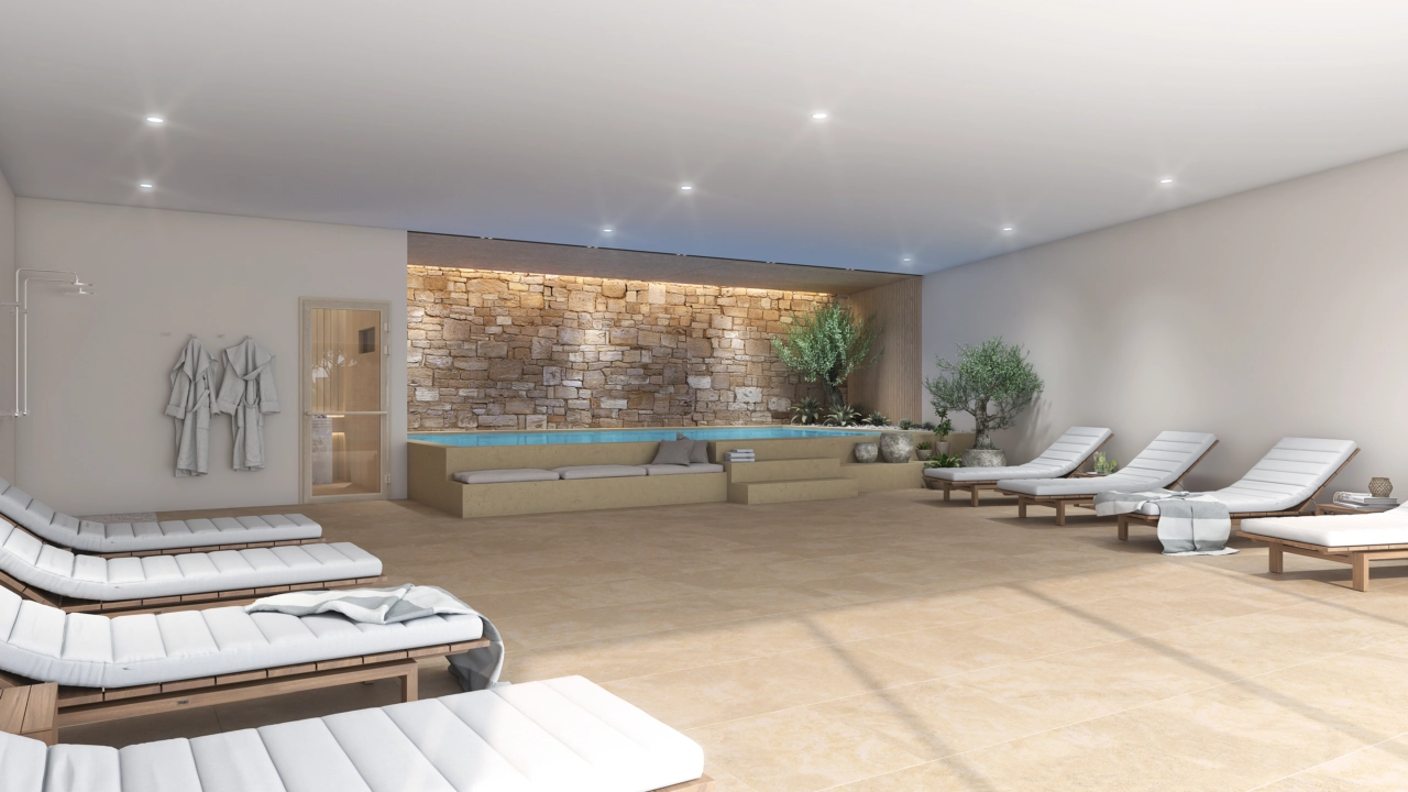 The serene indoor spa area, a private sanctuary for residents to unwind and rejuvenate.