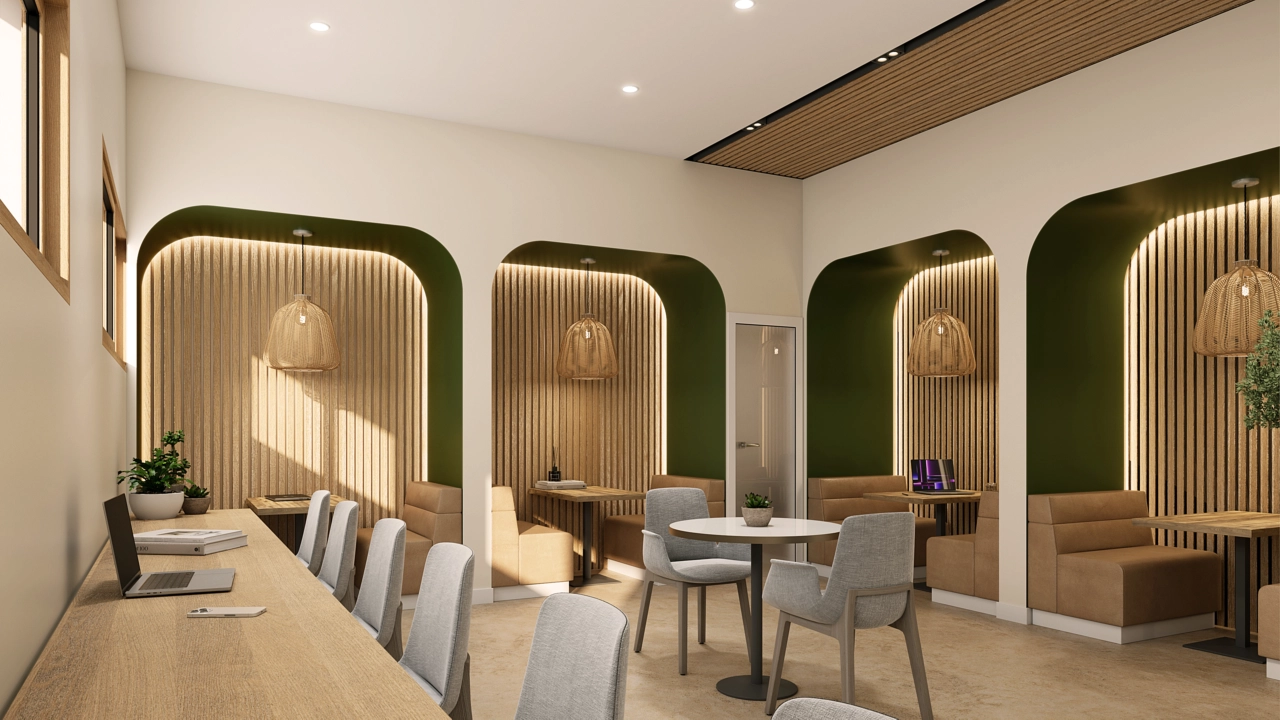 A stylish and functional co-working space, providing a comfortable environment for work or meetings.