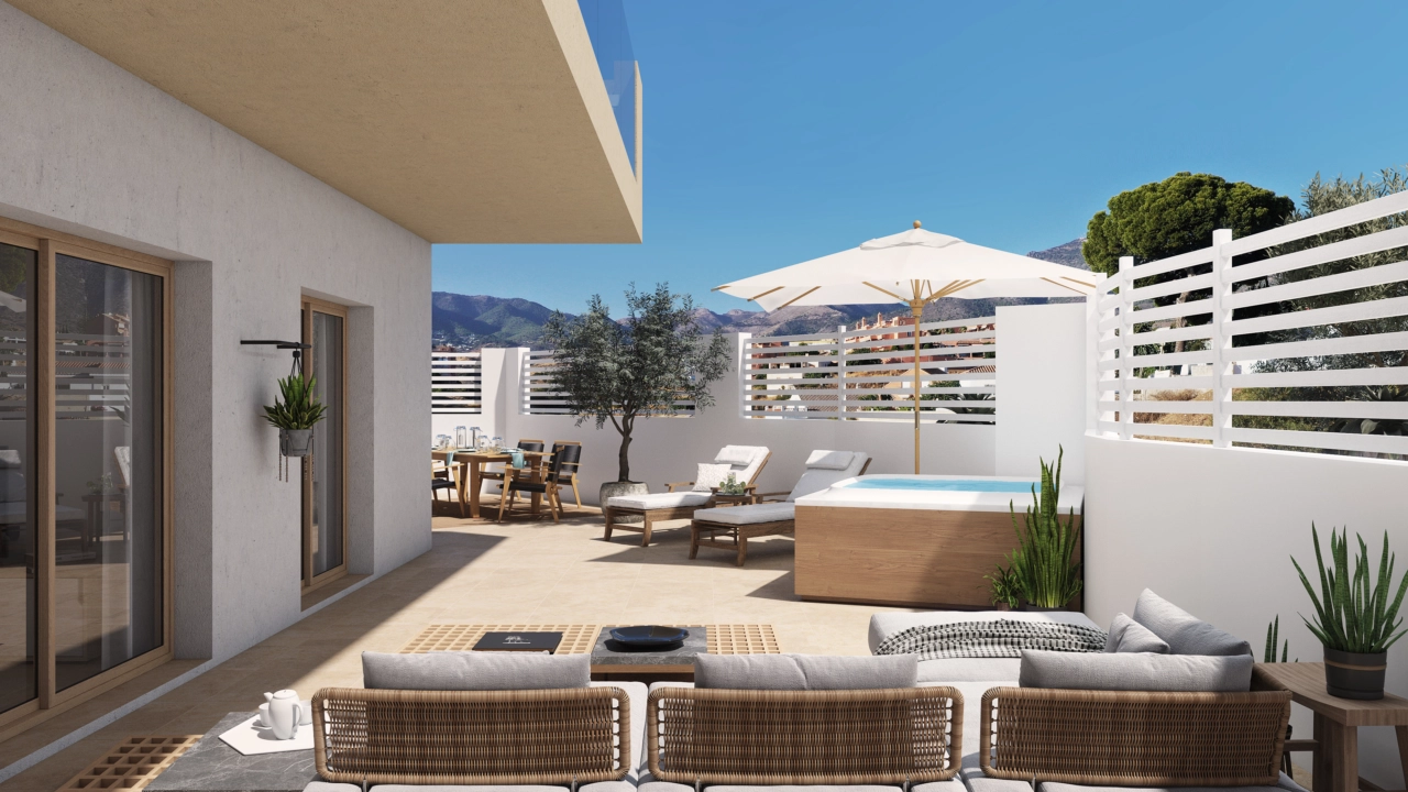 A generous ground-floor terrace with a private jacuzzi, extending the living space outdoors for year-round enjoyment.