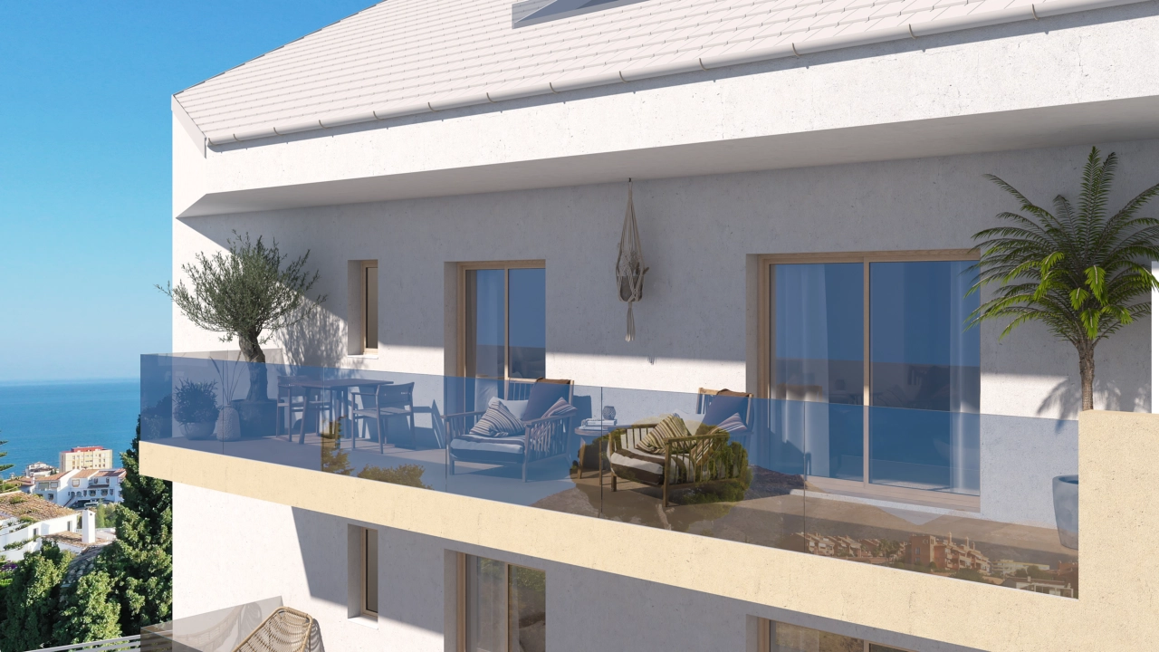 Elegant glass balustrades on the terrace ensure uninterrupted views of the sea and surrounding landscape.