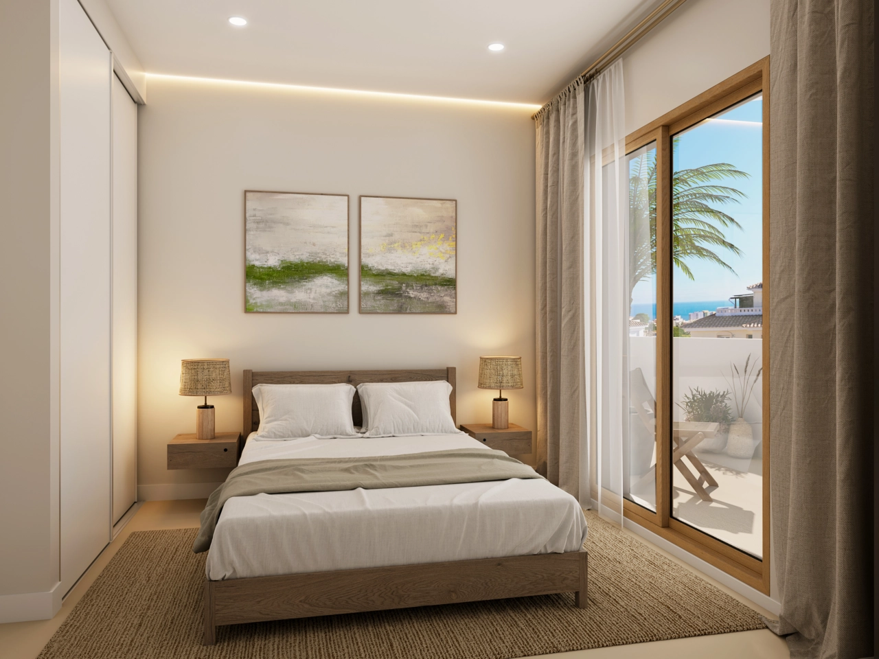 A tranquil master bedroom designed for rest and relaxation, with direct access to the terrace.