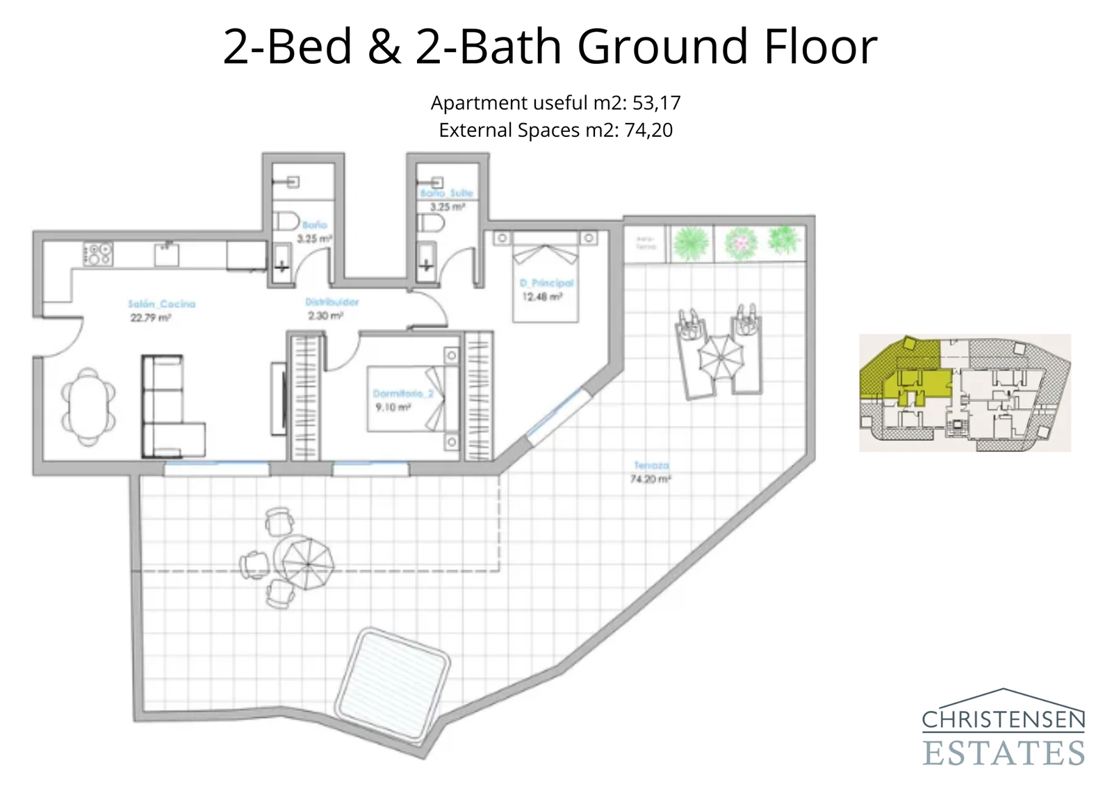 Layout for a two-bedroom ground-floor apartment, featuring an open-plan living area that flows onto an exceptionally large private terrace.