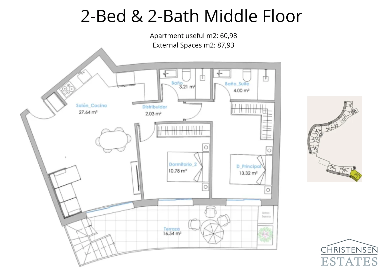 This two-bedroom middle-floor plan showcases smart use of space, with both bedrooms enjoying ample light and a spacious terrace for outdoor living.