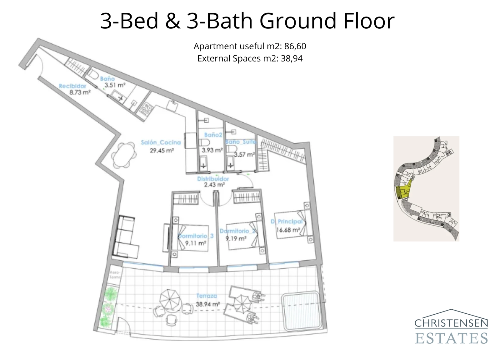 Floor plan of a three-bedroom ground-floor home, offering generous living space and a large terrace perfect for families and entertaining.