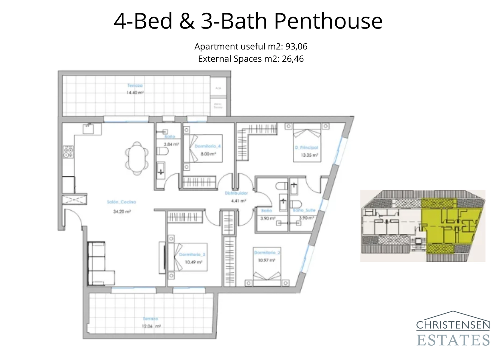 An expansive four-bedroom penthouse layout, designed for luxury living with a large living area and two separate terraces to enjoy the views.