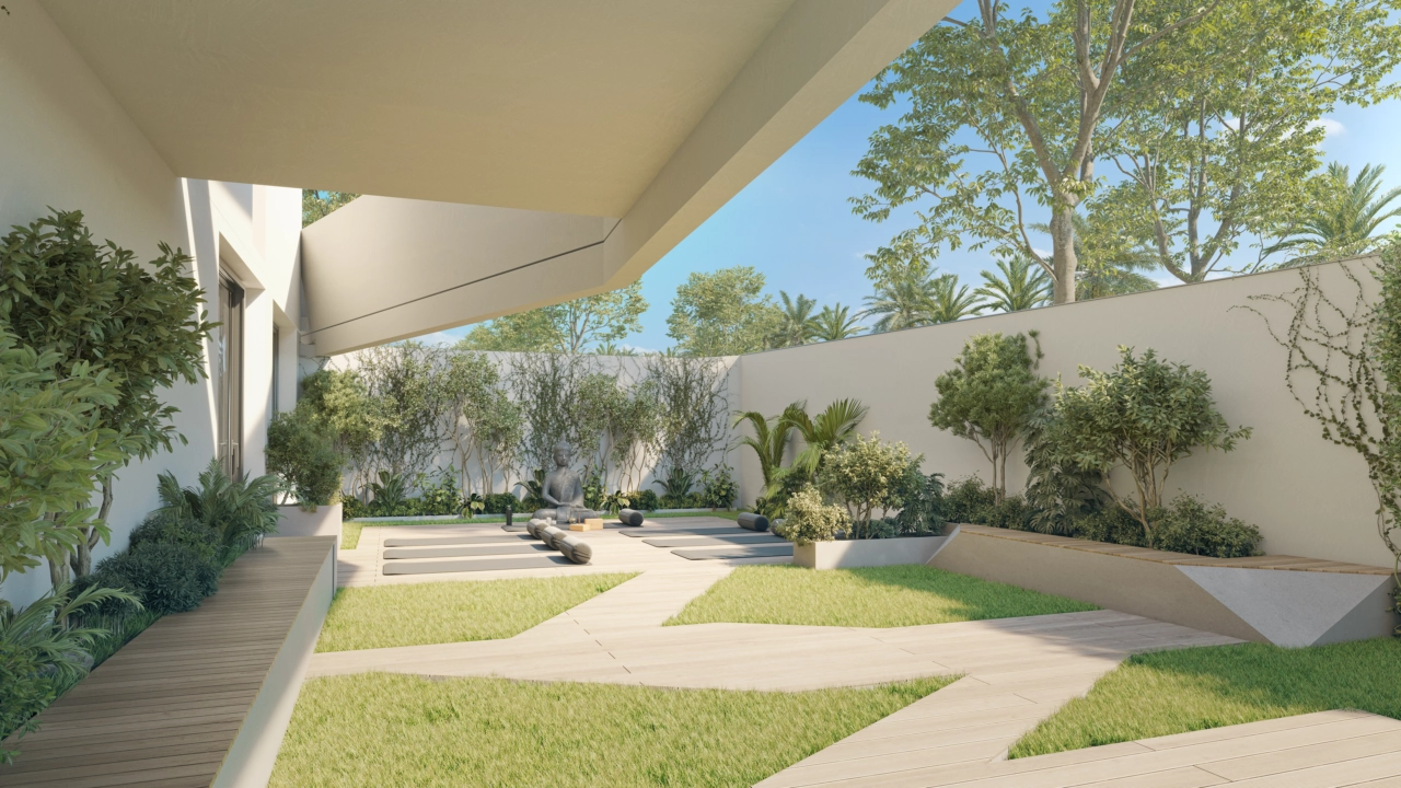 Find your balance and peace in the dedicated outdoor mindfulness and yoga zone, surrounded by greenery.