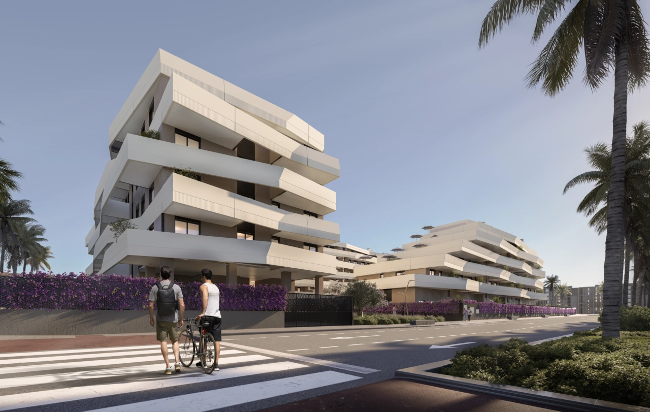 The development's striking modern architecture stands out in the vibrant, new Bulevar of Malaga.
