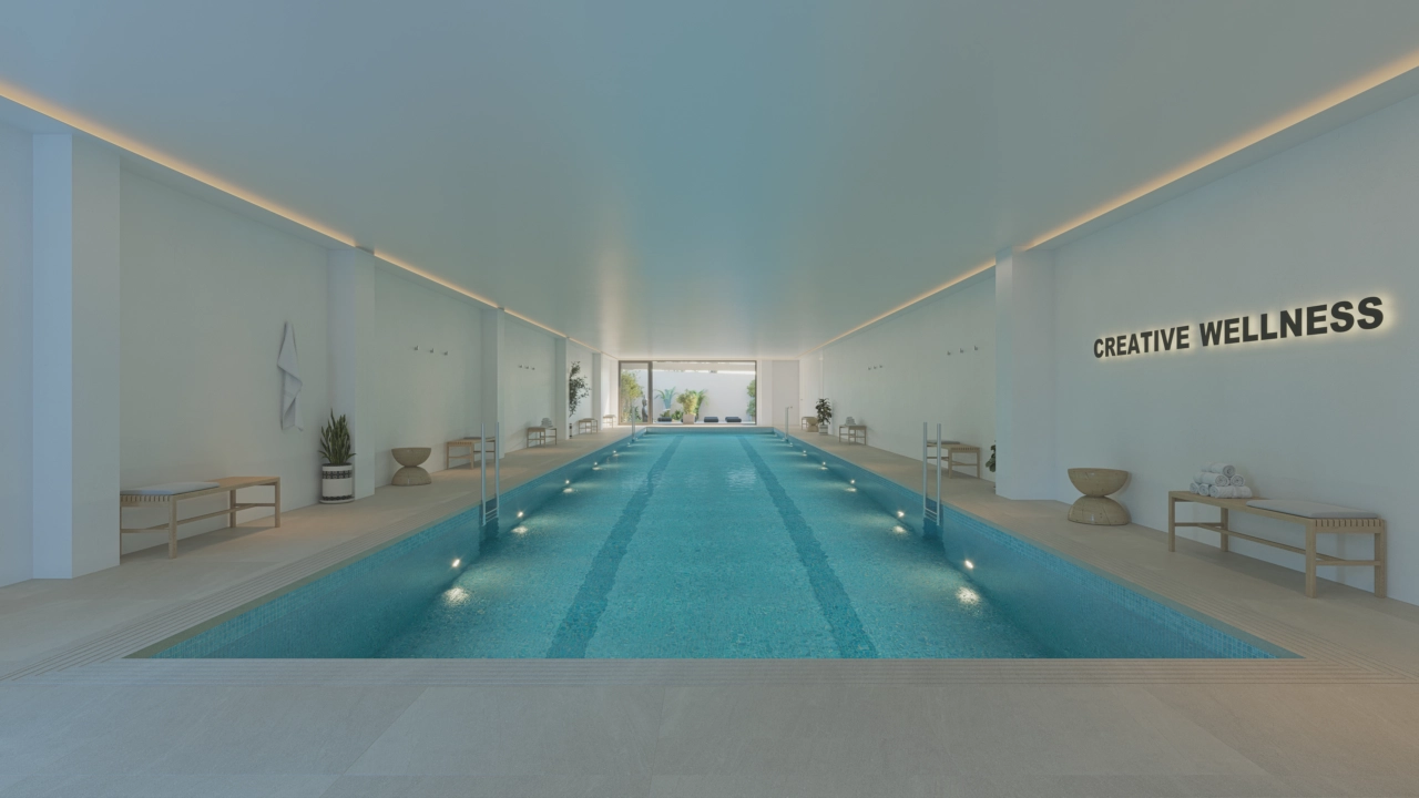 The indoor heated swimming pool allows for year-round enjoyment, regardless of the season.