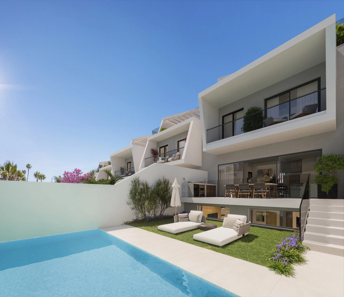 Each modern villa features a private garden and swimming pool, creating a personal oasis of tranquility.