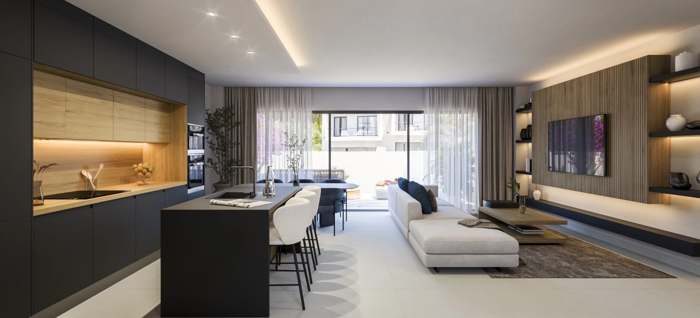 The open-plan living area combines the kitchen, dining, and lounge spaces for seamless contemporary living.